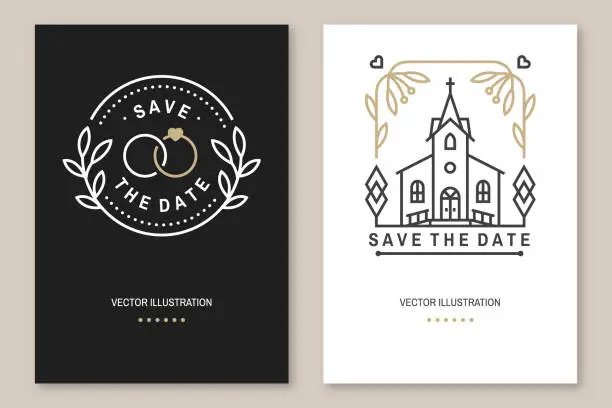 Vector illustration of Wedding invitation card template. Vector Thin line geometric badge. Outline icon for save the date invitation card design. Modern minimalist design with wedding church, arch, rings and leaf, flowers