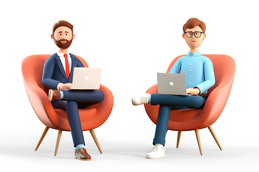 3D illustration of startup concept and business teamwork. Two happy men with laptops sitting in armchairs. Cartoon businessmen working in office and using social networks.