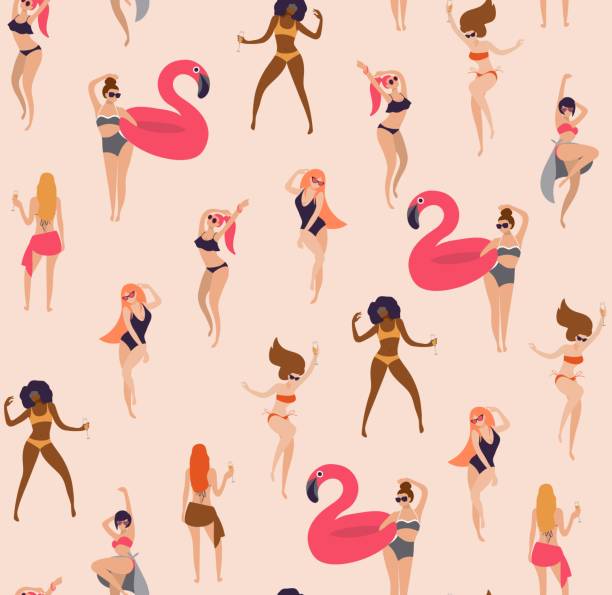 dziewczyny tańczą w strojach kąpielowych bez szwu wzór. - bachelorette party stock illustrations