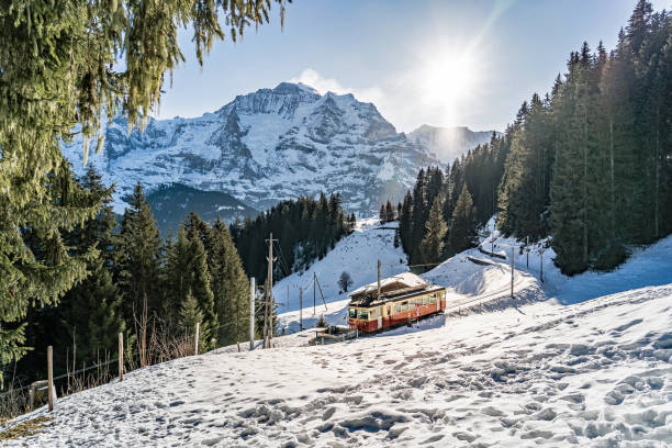 linea ferroviaria da lauterbrunnen a mürren in inverno. oberland bernese, svizzera. - bernese oberland foto e immagini stock