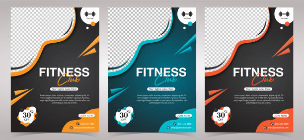 Fitness Club Gym, body building and gym flyer template with Photo Space Red, Orange and Blue Color fitness club, sport, body building and unisex gym flyer banner pamphlet poster cover A4 size template ready to print with One Photo space. sports or fitness photos stock illustrations