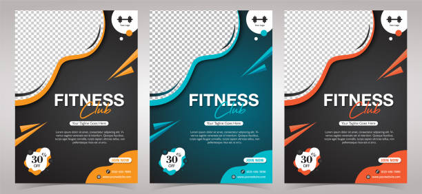 Fitness Club Gym, body building and gym flyer template with Photo Space Red, Orange and Blue Color fitness club, sport, body building and unisex gym flyer banner pamphlet poster cover A4 size template ready to print with One Photo space. coach background stock illustrations