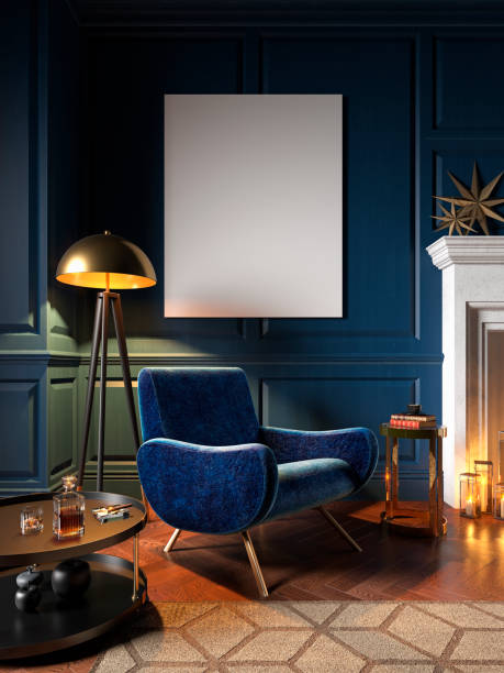 istock Classic blue interior with armchair, wall panel and decor. 3d render illustration mock up. 1248417482