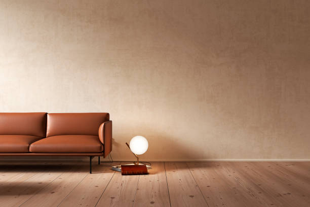 istock Beige interior with orange sofa and decor. 3d render illustration mock up. 1248418046