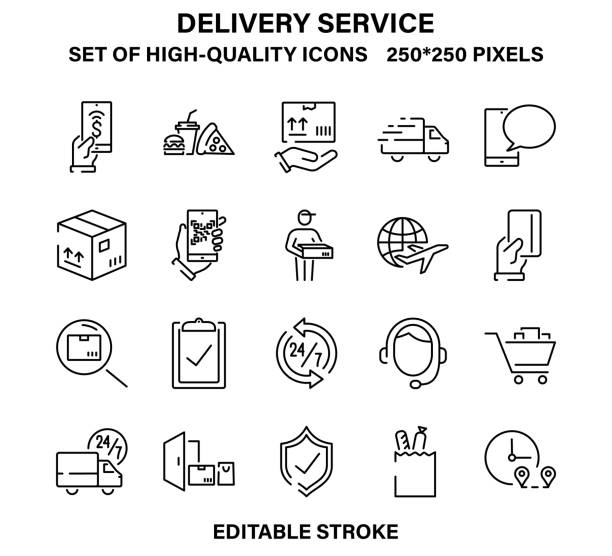 ilustrações, clipart, desenhos animados e ícones de um conjunto de ícones simples, mas de alta qualidade para o serviço de entrega ou serviço de correio. - van delivery van mini van messenger