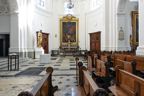 Mdina, Malta - 22 December, 2023: interior panorama view of the lavish and ornate St. Paul's Cathedral in the silent city of Mdina