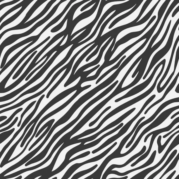Vector illustration of Zebra striped lines fur skin print texture seamless pattern. Animal background. Abstract curved lines ornament. Geometric shapes. Good for textile, fabric, fashion design.
