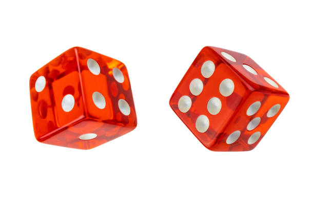 istock Two red glass dices isolated on white. One, two, four and three, five, six. 1248420173