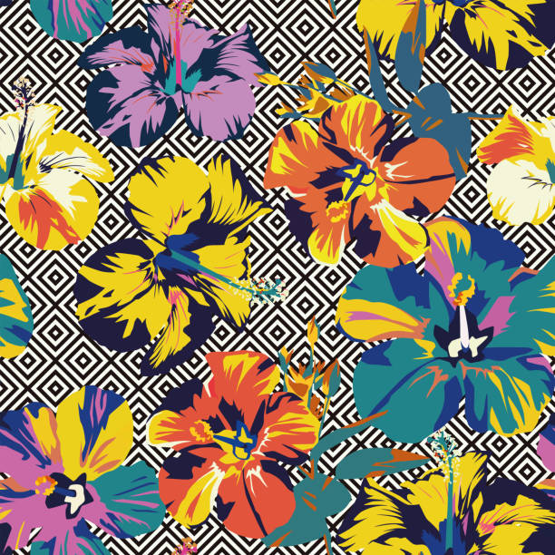 ilustrações de stock, clip art, desenhos animados e ícones de hibiscus abstract color geometric seamless background - haiti