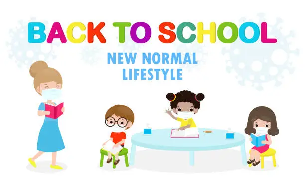 Vector illustration of Back to school for new normal lifestyle concept. happy students kids and teacher wearing face mask protect coronavirus or covid-19 social distancing Sitting on the desk in classroom isolated vector