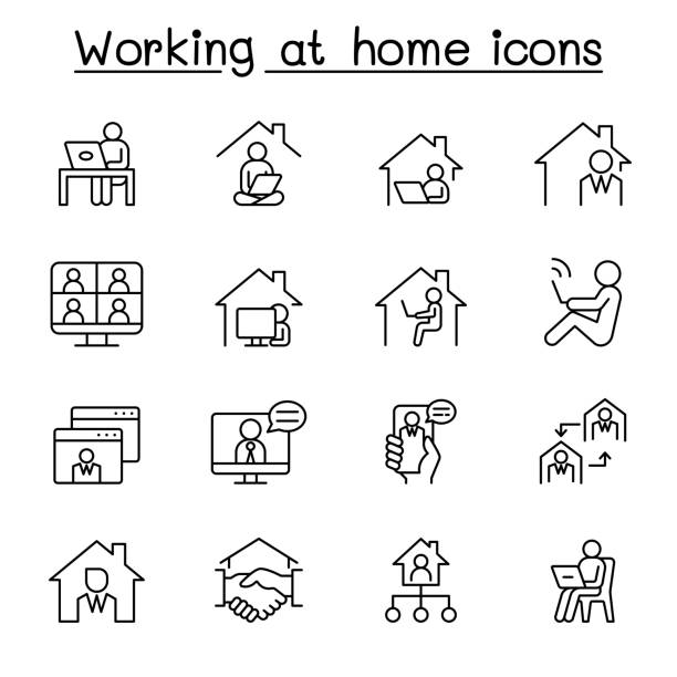 ilustrações de stock, clip art, desenhos animados e ícones de working at home icons set in thin line style - home office