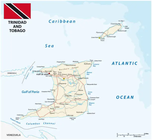Vector illustration of trinidad and tobago road vector map with flag