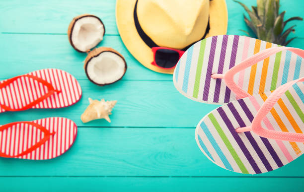 istock Beach accessories on blue wooden floor. Top view and selective focus 1248426790