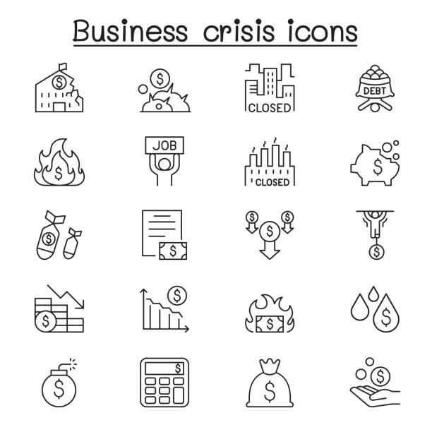 Economic recession, business crisis, trade war icon set in thin line style Economic recession, business crisis, trade war icon set in thin line style tariff stock illustrations