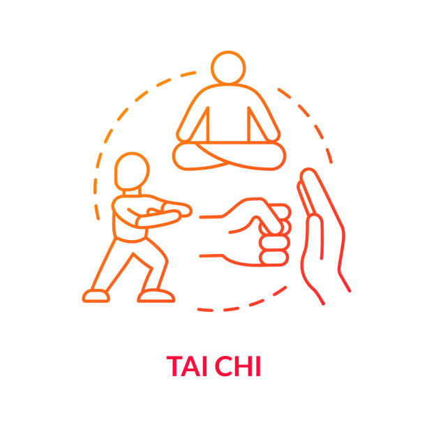 Tai chi concept icon. Traditional chinese martial art idea thin line illustration. Oriental practice, defence training and meditation technique. Vector isolated outline RGB color drawing Tai chi concept icon. Traditional chinese martial art idea thin line illustration. Oriental practice, defence training and meditation technique. Vector isolated outline RGB color drawing tai chi meditation stock illustrations