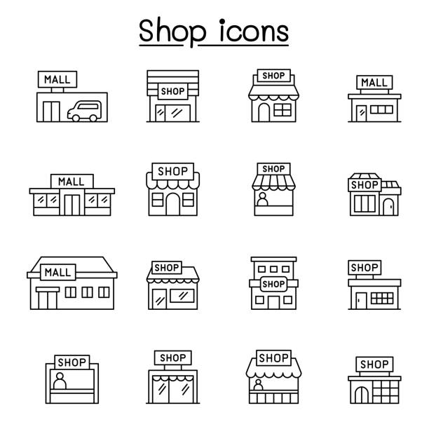 ilustrações de stock, clip art, desenhos animados e ícones de set of shop line icons. contains such icons as, supermarket, shopping mall, hypermarket, store and more. - shopping mall illustrations
