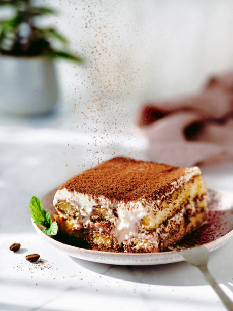 Tiramisu sprinkled with cocoa powder, vertical Perfect homemade tiramisu cake sprinkled with cocoa powder. Tiramisu portion on plate over white marble tabletop with green plant in pot on background. Delicious no bake tiramisu in natural daylight sprinkling powdered sugar stock pictures, royalty-free photos & images