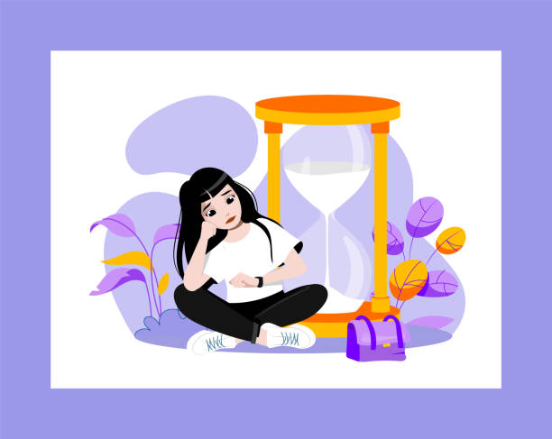 Waiting Concept. Young Attractive Sad Girl Is Waiting For Something Sitting Near Huge Hourglasses And Looking At Hand Watch. Displeased Woman Wait In A Queue. Cartoon Flat Style. Vector Illustration Waiting Concept. Young Attractive Sad Girl Is Waiting For Something Sitting Near Huge Hourglasses And Looking At Hand Watch. Displeased Woman Wait In A Queue. Cartoon Flat Style. Vector Illustration. impatient woman stock illustrations