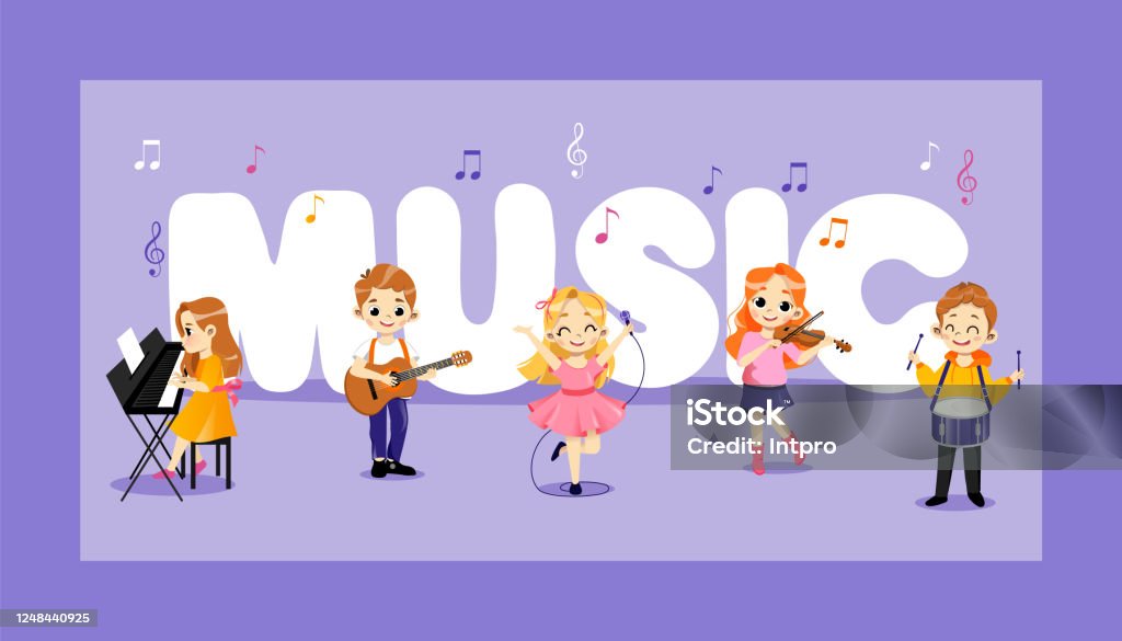Concept Of Jazz Pop Rock And Classical Music Performers Talented Children  Play Percussion Piano Violin Guitar Kids Play Concert On Music Instruments  In Group Cartoon Flat Vector Illustration Stock Illustration - Download