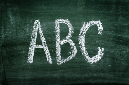 ABC letters on green chalkboard, for schooling and primary education concept