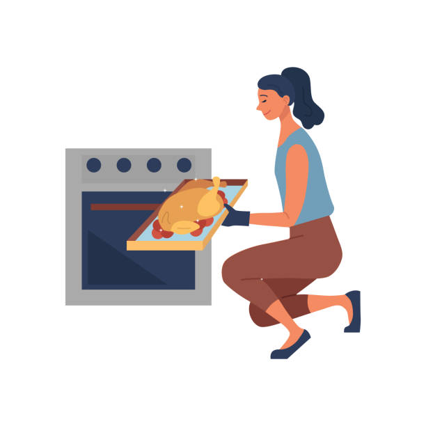 ilustraciones, imágenes clip art, dibujos animados e iconos de stock de concepto de cooking culinary show. feliz mujer está cocinando comida en la cocina. una mujer está sacando pavo al horno del horno. la ama de casa está cocinando alimentos saludables. estilo plano de dibujos animados. ilustración vectorial - stereotypical housewife little girls family domestic kitchen