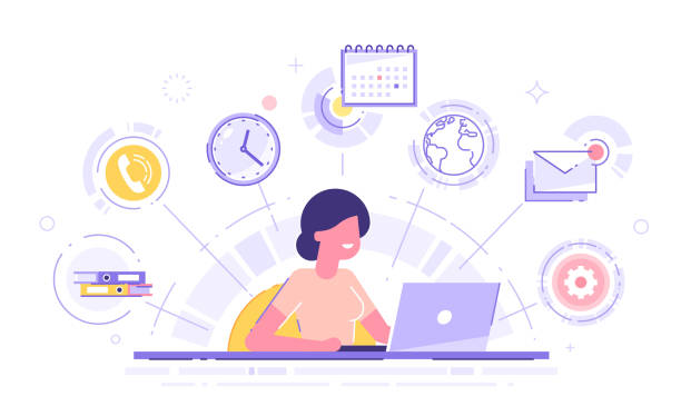 Happy business woman with multitasking skills sitting at his laptop with office icons on a background. Freelance worker. Multitasking, time management and productivity concept. Vector illustration. Happy business woman with multitasking skills sitting at his laptop with office icons on a background. Freelance worker. Multitasking, time management and productivity concept. Vector illustration. working hard stock illustrations