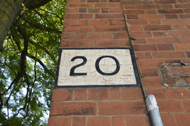 istock A painted black number 20 on a white background on a brick wall with a tree behind 1248443873