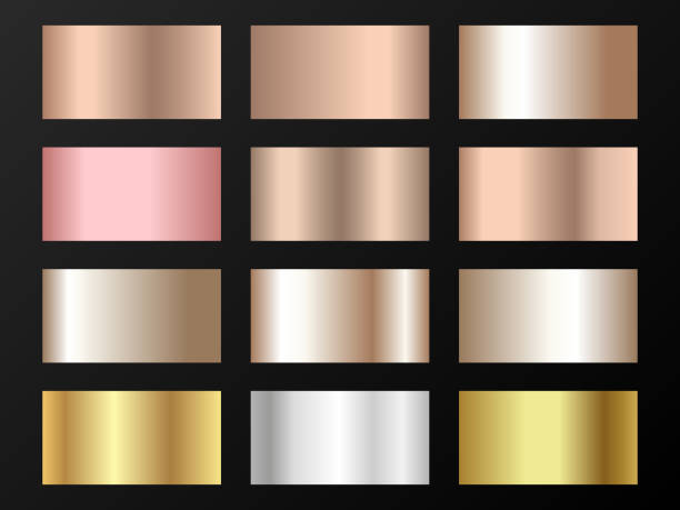 istock Metallic foil texture silver, steel, chrome, platinum, copper, bronze, aluminum, rose gold gradient swatches. 1248444729