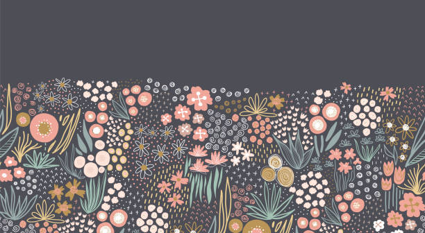 łąka kwietna bez szwu obramowanie wektorowe. wiele kwiatów w kolorze różowym, złotym, białym, turkusowym na ciemnym tle powtarzającym się poziomym wzorem. doodle line art do wykończenia tkaniny, stopki, nagłówka, jesiennego wystroju - lace pink white black stock illustrations