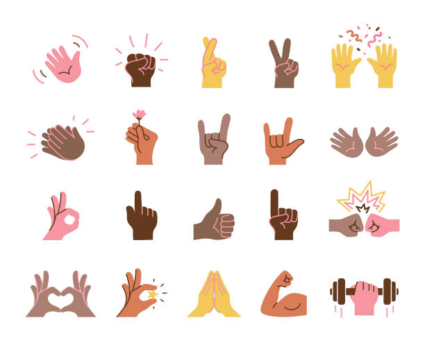 ilustraciones, imágenes clip art, dibujos animados e iconos de stock de emoji a mano - símbolo ilustraciones