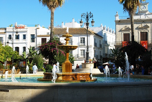 Fountain in the Plaza del Cabildo, Sanlucar de Barrameda, Cadiz Province, Andalusia, Spain, Western Europe.
