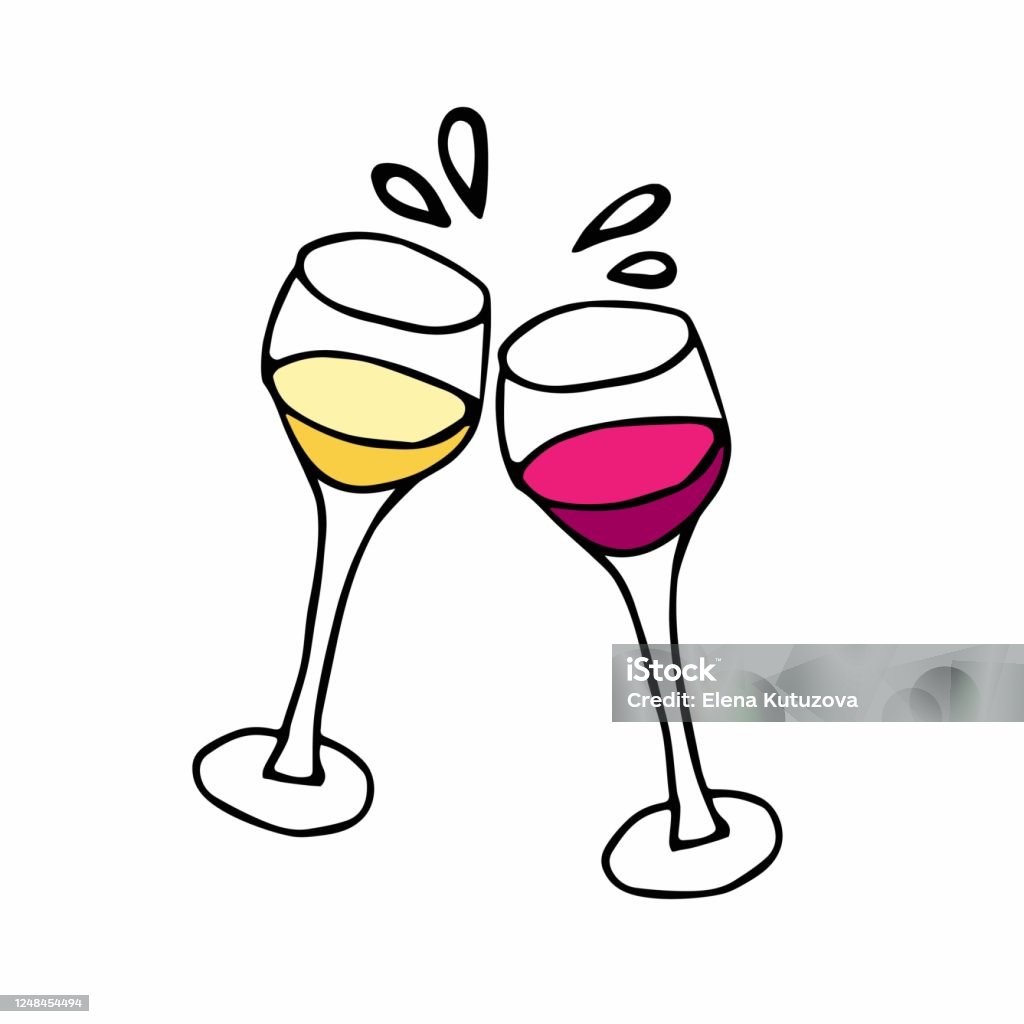 Two Glasses Of Wine With White And Red Wine Vector Cheers Idoodle Sketch  Illustrationhand Drawn Cartoon Isolated Set Festive Toast With Splashes For  Bar Logo Template Menu Design Label Element Stock Illustration -