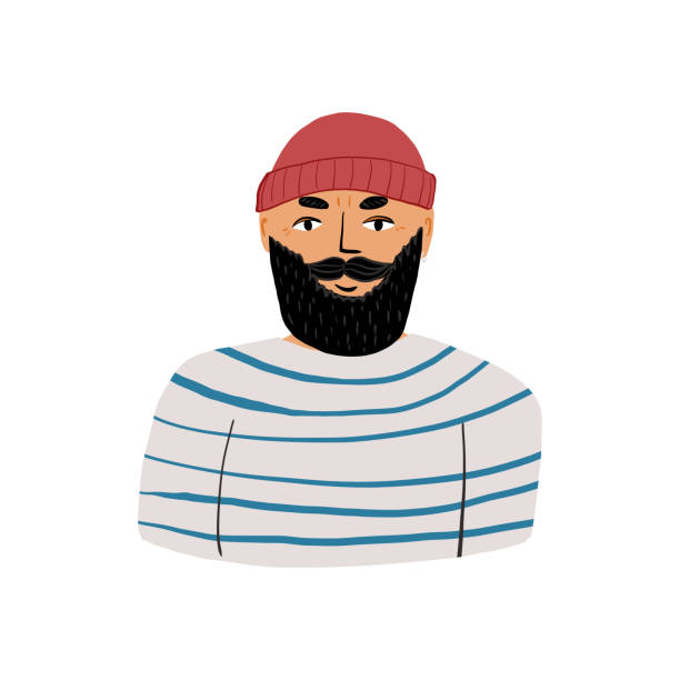 ilustrações de stock, clip art, desenhos animados e ícones de portrait of a kind bearded sailor or fisher in a marine blue-and-white striped shirt and a beanie hat - conqueror of the seas and oceans. hand drawn vector isolated illustration. - stripped shirt