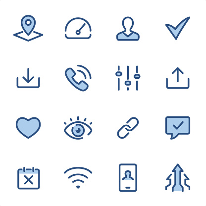 Contacts and Settings icons set #06
Specification: 16 icons, 36x36 pх, stroke weight 2 px
Features: Pixel Perfect, Dichromatic, Single line 

First row of icons contains:
Map, Speedometer, User, Check Mark;

Second row contains:
Inbox, Call, Equalizer, Outbox;

Third row contains:
Love, Eye, Lock, Speech Bubble;

Fourth row contains:
Calendar, Wireless Technology, Mobile Phone, Growing Arrows.

Complete BLUE MICO collection - https://www.istockphoto.com/collaboration/boards/Y8ZYtc2sY0qNQVGRttlncQ