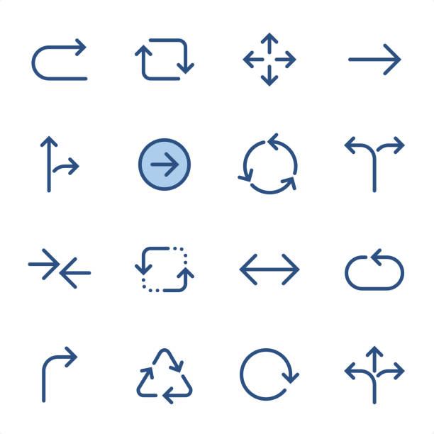 illustrations, cliparts, dessins animés et icônes de flèches - pixel perfect icônes de ligne bleue - arrow sign symbol restoring double arrow sign
