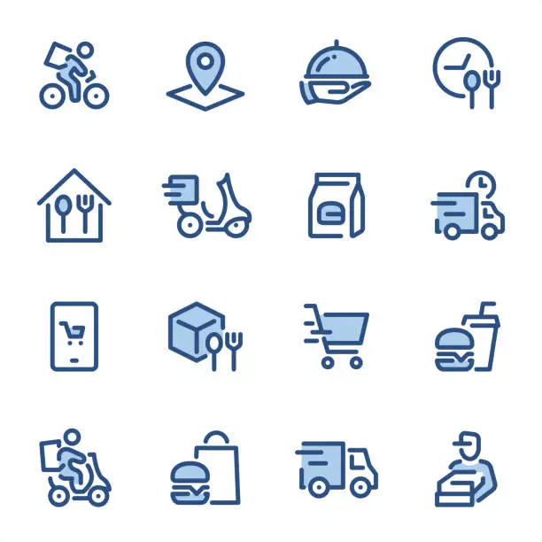 Vector illustration of Food Delivery - Pixel Perfect blue line icons