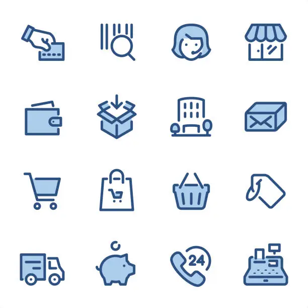 Vector illustration of Shopping - Pixel Perfect blue line icons
