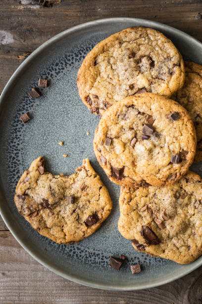 istock Freshly baked chocolate chip cookies on ceramic plate 1248463193