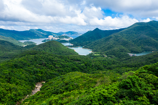 Dam of a Tai Tam reservoir in aerial