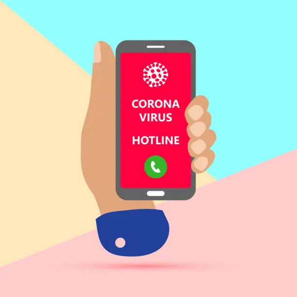 Vector illustration of hand holding mobile phone with hotline for contacting citizens on issues related to coronavirus on screen on pastel colored blue and pink background. Concept of fight with spread of new coronavirus disease COVID-19, 2019-nCoV