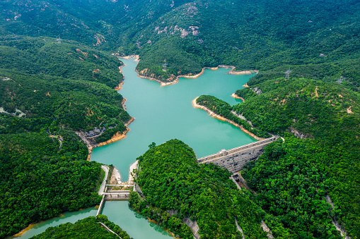 Dam of a Tai Tam reservoir in aerial