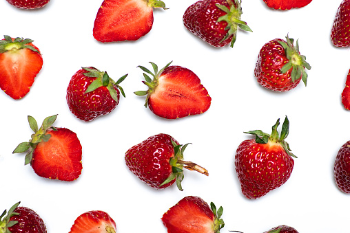Strawberry fruit on white background flat lay isolated