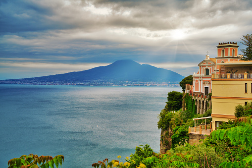 Looking from the small village of Vico Equense towards Mount Vesuvius over the Bay of Naples. The eruption of Mount Vesuvius in AD 79 destroyed the Roman cities of Pompeii, Herculaneum as well as several other settlements. Until today the Vulcano ist still active.