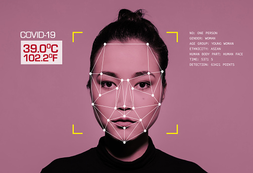 Facial recognition system during covid-19 pandemic. Concept Images. Portrait of young asian woman.