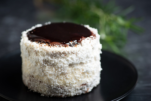 Coconut cake with chocolate topping named Ruske kape on a plate on dark table
