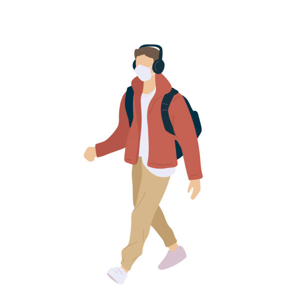 ilustrações de stock, clip art, desenhos animados e ícones de walking man in surgical mask with headphones and backpack of season casual clothes winter, spring and autumn street style. vector flat adult character cartoon isolated illustration. - environmental damage audio
