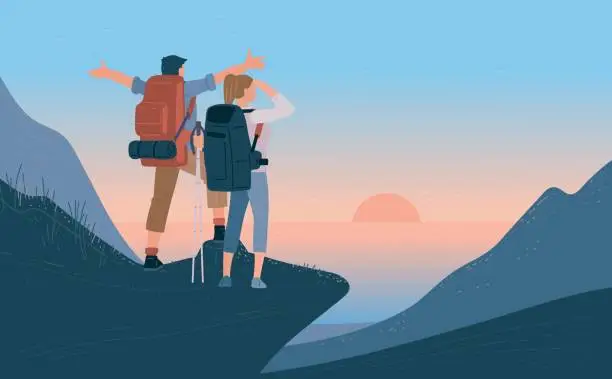 Vector illustration of Travelers man and woman with backpack standing of mountain and looking sunrise over the sea. Concept of hiking, adventure tourism travel and discovery. Explorer flat vector illustration.