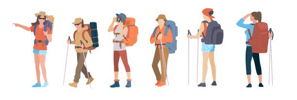 mädchen mit wanderrucksack und trekkingstöcken. junge frauen entdecker oder reisende in sportbekleidung. abenteuertourismus, reisen und entdeckung flache vektor-illustration. - hiking backpacker adventure backpack stock-grafiken, -clipart, -cartoons und -symbole