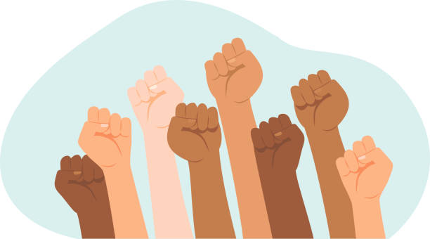 ilustrações de stock, clip art, desenhos animados e ícones de protesters hands. multiracial fists hands up vector illustration. concept of unity, revolution, fight, cooperation. - protests human rights