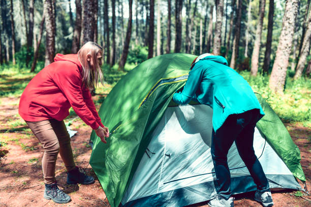 istock Two Females Setting Up Their Tent In Forest 1248482259